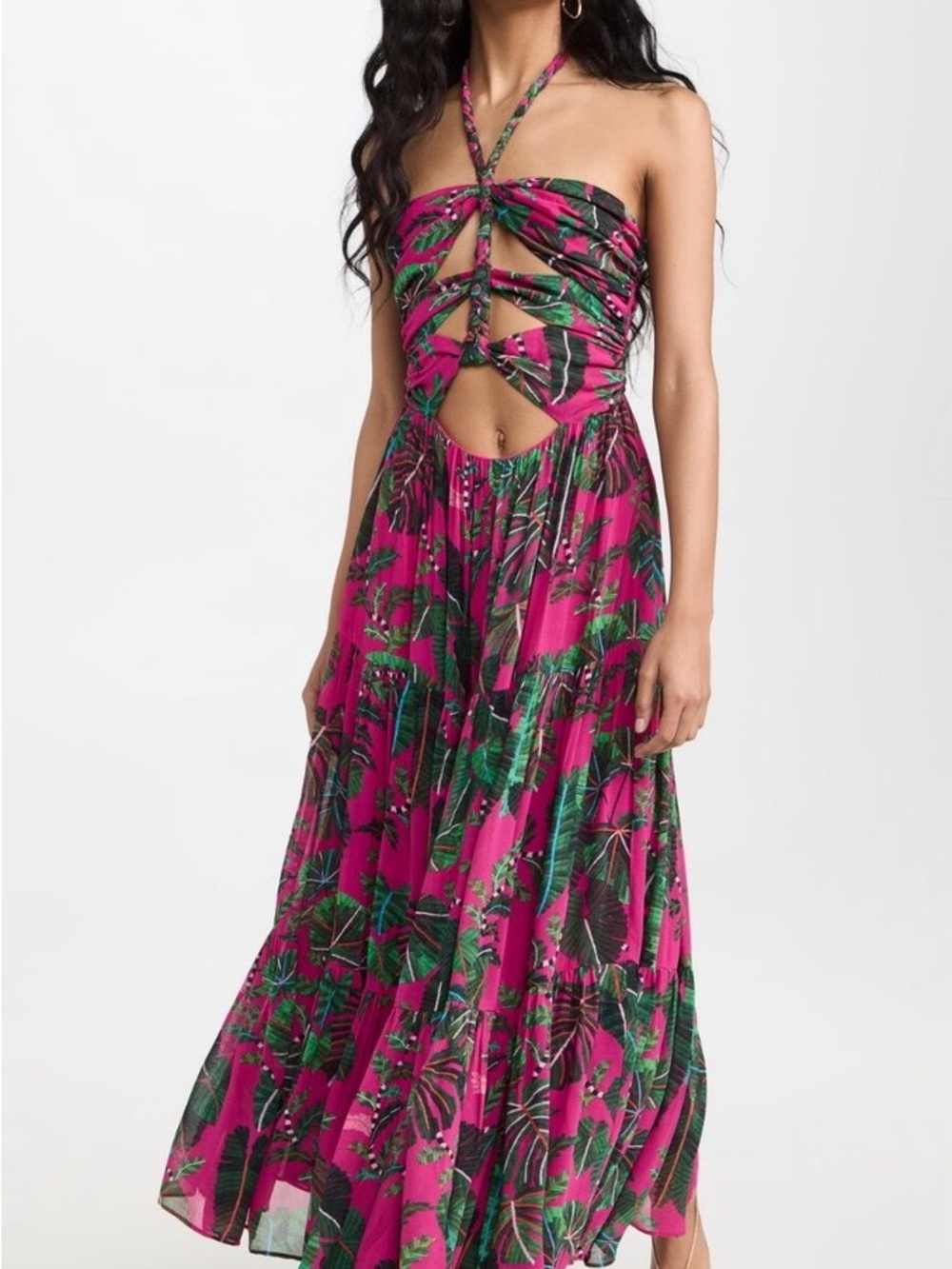 FARM Rio Fuchsia Tropical Cutout Halter Maxi Dress